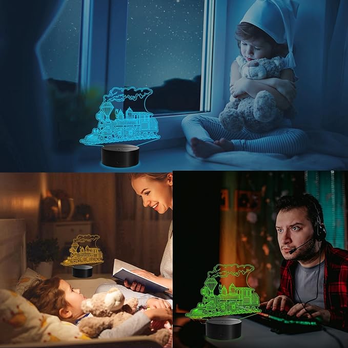 Train Night Light, Stream Train Gifts, 3D Illusion Lamp with Remote Control, 16 RGB Colors, 4 Flashing Modes, Timer, Kids Room Decor