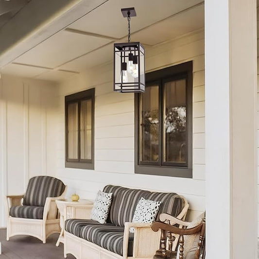 3-Light Outdoor Pendant Lights for Porch, Oil Rubbed Bronze Outdoor Chandelier 16'' Exterior Hanging Porch Light Fixtures w/Clear Glass, Waterproof Outside Pendant Lantern for Garage Foyer