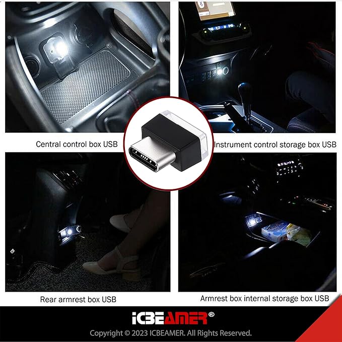 ICBEAMER Type C Adapters Atmosphere Light, [Color: White] | Universal Plug-in Miniature Night Light | LED USB Car Interior and Trunk Ambient Illumination