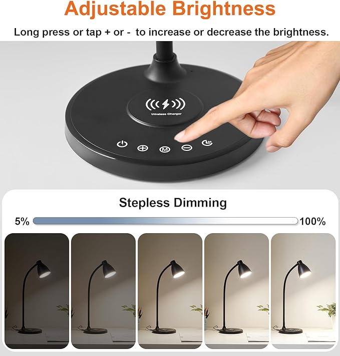 BOHON Desk Lamp for Home Office, LED Desk Light with USB C+A Charging Ports, Wireless Charger, 5 Colors Stepless Dimming Reading Light Timer, Touch Bedside Table Lamp for College Dorm Room Black