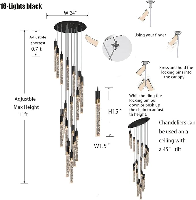 Flashing God Black Chandelier 16-Lights Staircase Chandelier for Living Room Hight Ceiling Foyer Pendant Lighting Fixture Modern Raindrop Crystal Chandelier Spiral Stairwell Lighting
