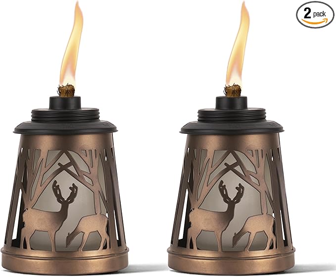 TIKI Brand Woodsy Table Torch 2-Pack, Tiki Patio, Tiki Table Torch, Backyard, and Lawn, Cabin Décor, Up North, Outdoor Table, Bronze, 1123118, Brown