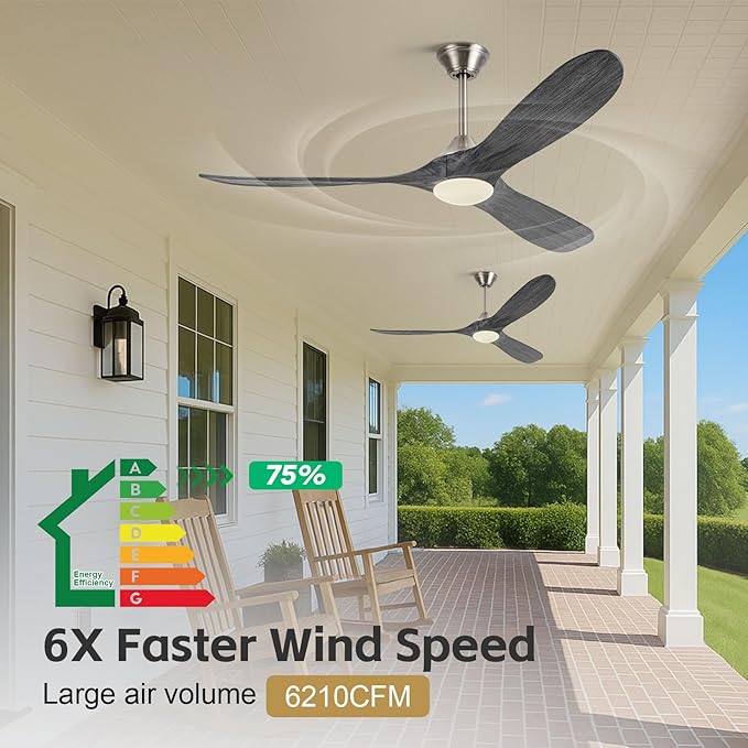 60 Inch Indoor Outdoor Ceiling Fans with Light - Modern Wood Propeller Ceiling Fan with Light 6 Speed Quiet Reversible DC Motor, High Velocity Damp-rated Exterior Ceiling Fan for Patios Bedroom Office