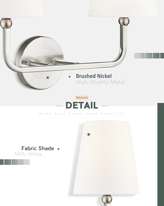 2-Light Bathroom Light Fixtures, Brushed Nickel Vanity Lights, Double Wall Sconce with Flared White Fabric Shade, Modern Sconces Wall Lighting for Hallway Bedroom Stairway, VL837-BN-2