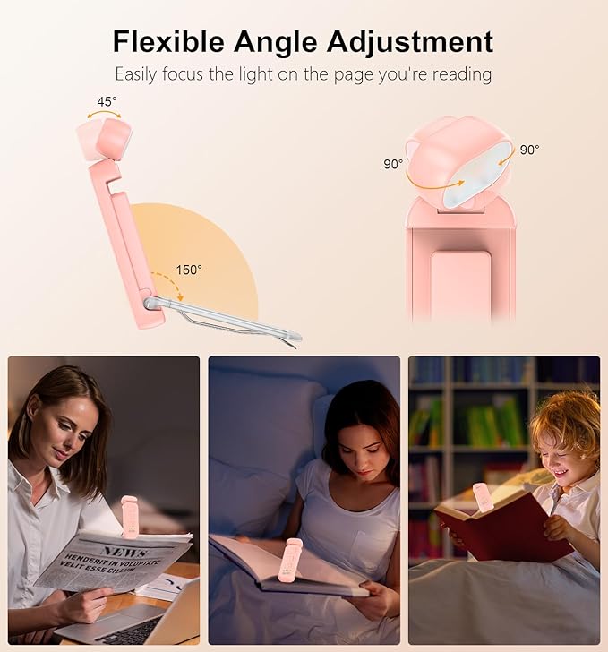Gritin Reading Light, Rechargeable Book Light for Reading in Bed - Eye Caring 3 Color Temperatures, 5-Level Dimmable Brightness, Long Lasting, Compact Size Clip on Book Lamp for Bookworms-Pink