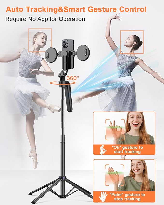 71” Auto Face Tracking Tripod for iPhone with Light,360° Rotating Phone Stand with Rechargeable Remote Control for TikTok Vlog Video Recording, Phone Tripod for Android Camera/GoPro/Ring Light