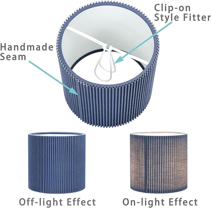 LAMPWELL KETTE Clip-on Pleated Fabric Lamp Shades for for Table Chandelier Wall Lamp,Set of 2,Small Drum,5.4"×5.4"×H5.2",TC fabric,Handmade,Modern Trendy Decorative,ONLY FOR CANDLE BULB,Navy