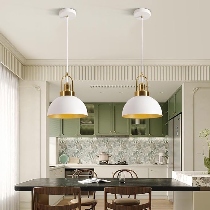 Vintage Pendant Light White and Gold Pendant Light with 9.84 Inch Round Dome, Brass Socket, and 78.74 Inch Cord - Perfect for Kitchen Island, Dining Room, Hallway