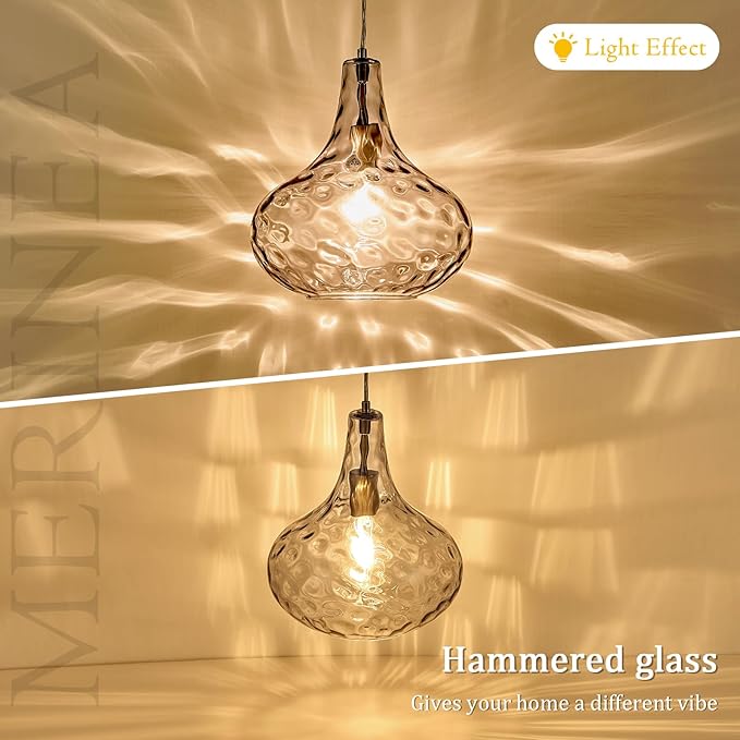 11" Smoked Hammered Glass Pendant Light – Modern Ceiling Hanging Fixture with Brushed Nickel Finish for Kitchen Island, Dining Room, Hallway, Entryway – E26 Base