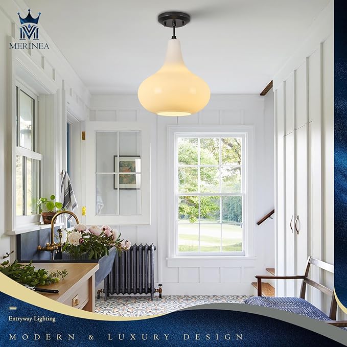 11" Milk White Glass Pendant Light – Modern Ceiling Hanging Fixture Matte Black for Kitchen Island, Dining Room, Hallway – E26 Base