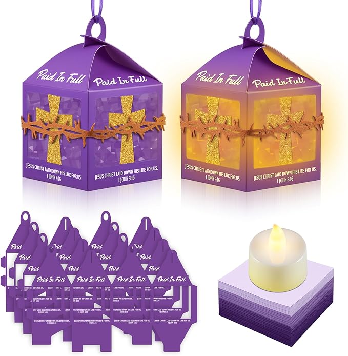 12 Sets Religious Easter Crafts Bulk Christian Cross Lanterns Crafts with LED Lights Glitter Cross Tissue Paper Lanterns for Easter Church VBS Sunday School Classroom Activities