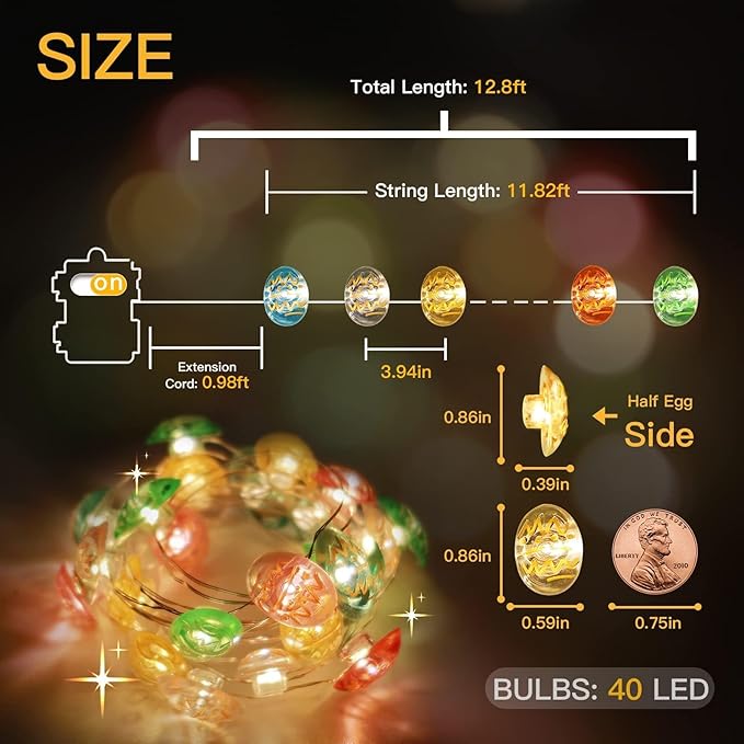 suddus Easter Eggs Decor Lights,12.8ft 40LED Multi Color Small Fairy Lights with Remote, Easter Lights String Battery Operated for Table Indoor Home Wreaths Mantels Outdoor Tree Garden Decoration