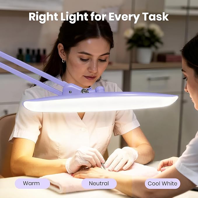 Neatfi XL LED Desk Lamp with Clamp, 2200 Lumens, 20W, 20-Inch Wide Head, Dimmable 4 Brightness Levels, 3 Color Modes 3000K–6000K, Task Light for Home Office, Crafts, Workbench (CCT, Lavender)