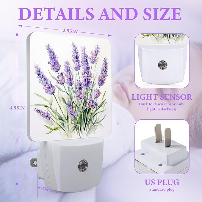 Purple Lavender Night Light,Plug-in Night Lights with Dusk-to-Dawn Sensor for Bedroom,Bathroom and Living Room Sleep Friendly lamp 0.5w