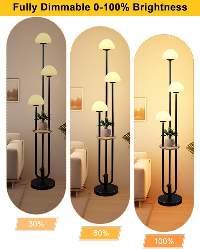 Black Dimmable Floor Lamp with Table, Modern Floor Lamps for Living Room, 3000K Warm Lights Tall Standing Lamp with Mushroom Shades & Bulbs for Bedroom/Office
