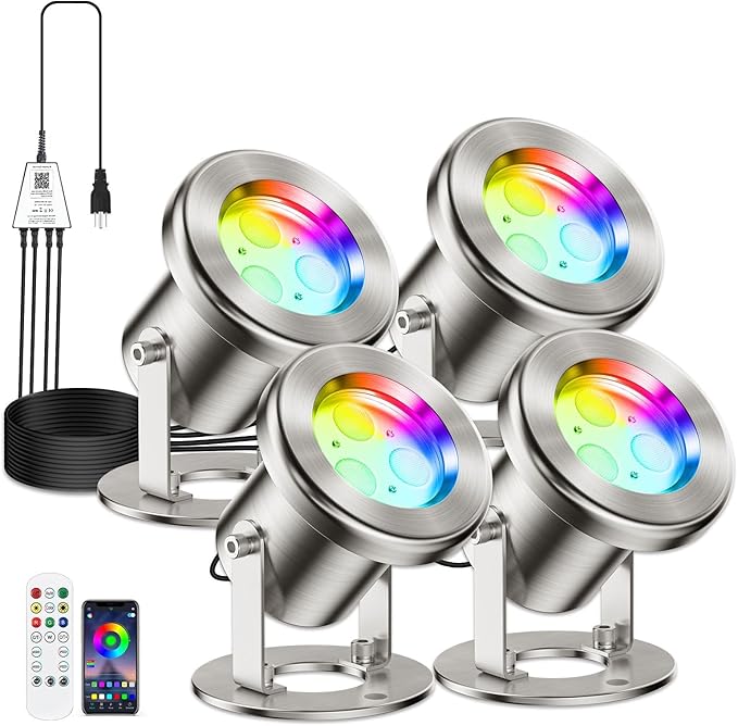 LyLmLe LED Pond Lights with APP Control, 6W SS316 Stainless Steel RGB Underwater Fountain Light with 12V Transformer, IP68 Waterproof Outdoor Underwater Lights for Pond Waterfall, Black Wire(4-Spots)