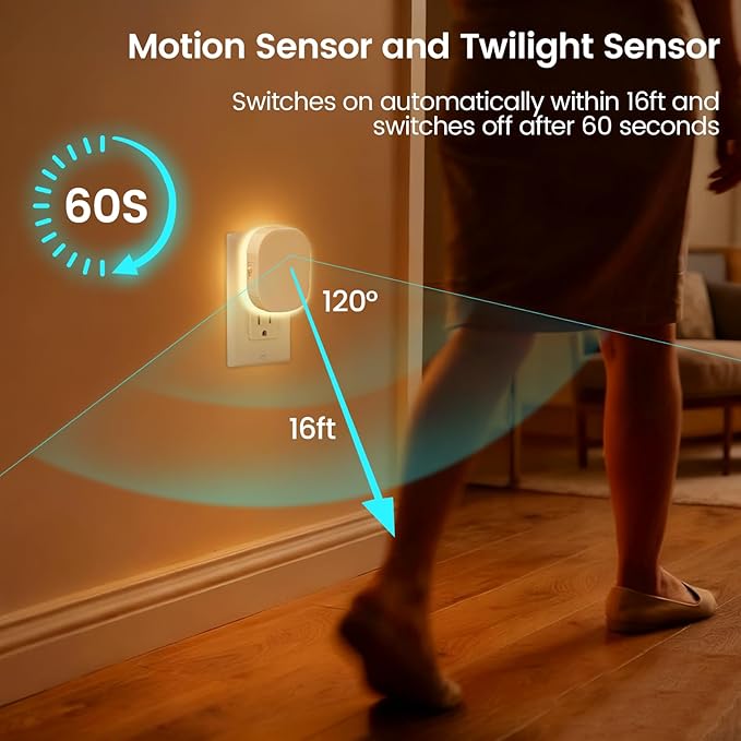 Night Lights with Motion Sensor & Dusk-to-Dawn Sensor, 2 Pack, Backlit Soft White with Adjustable Brightness, Auto-On/Off, for Kids Adults Nursery Bedroom Bathroom Hallway Kitchen