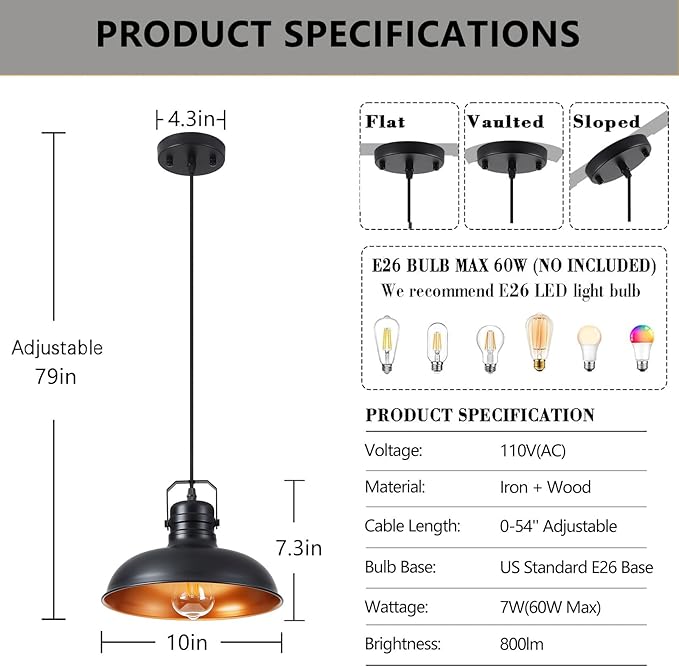 Industrial Pendant Light, 10.5 Inch Farmhouse Small Black and Gold Chandelier, Vintage Hanging Light Fixture with 71'' Height Adjustable Cord for Kitchen Island, Dining Room, Bedroom - 3 Pack
