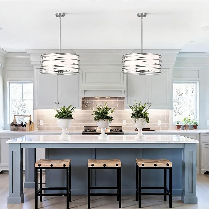 19.7'' Brushed Nickel Drum Chandeliers for Dining Room, 5-Lights Kitchen Chandeliers Over Table, Entryway Light Fixture Hanging, Industrial Round Chandelier for Living Room Stairwell Bedroom