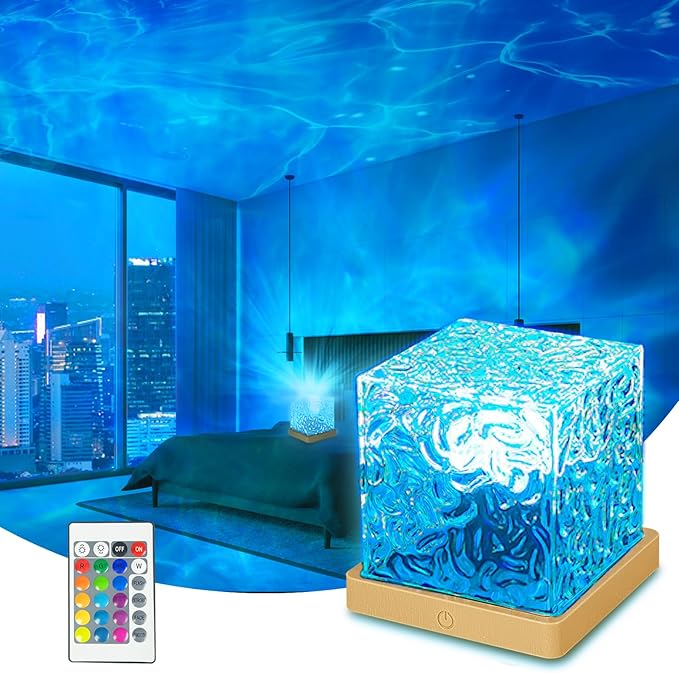 Ocean Wave Projector Light, 16 Colors Havie Cube Lamp, 3D Holographic Water Ripple Lamp with Remote Control, Northern Night Light for Bedroom, Mood Ambient Lighting for Home