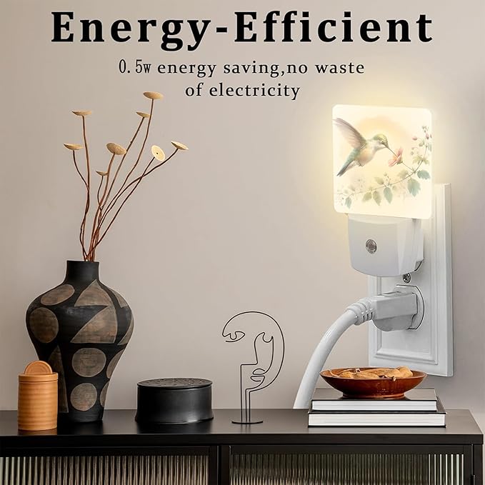 Groovy Hummingbird Flower Night Light for Kids, Watercolor Floral Bird Night Light Plug in with Dusk to Dawn Sensor, 0.5w Energy Saving Sleep Friendly Nightlight for Hallway Stairway Kitchen Bedroom