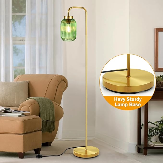 Mid Century Modern Gold Floor Lamp with Green Ribbed Glass Shade, Foot Switch, Vintage Standing Lamp for Bedroom, Living Room, Office (Bulb Not Included)