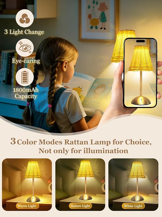 Boho Rattan Table Lamp, Cordless Wicker Woven Vintage Table Lamp - LED Rechargeable Touch Control 3 Color Dimmable Reading Bedside Lamp for Bedroom Living Room Office, Home Outdoor Decor (White-2)