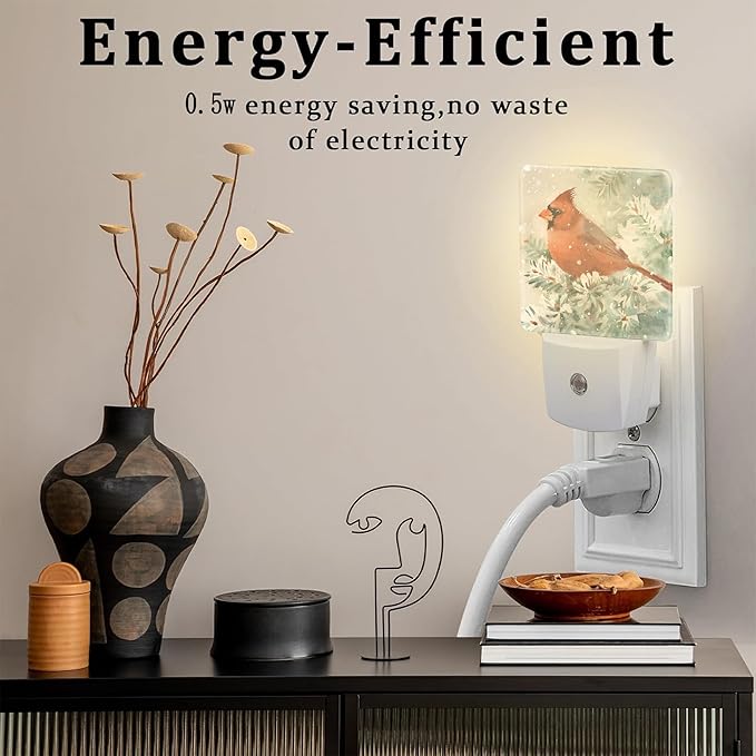 Winter Cardinal Pine Tree Night Light, Christmas Snow Red Cardinal Dusk to Dawn Night Light Plug in, 0.5w Energy Saving Sleep Friendly NightLight for Kids Boys Girls Home Decor