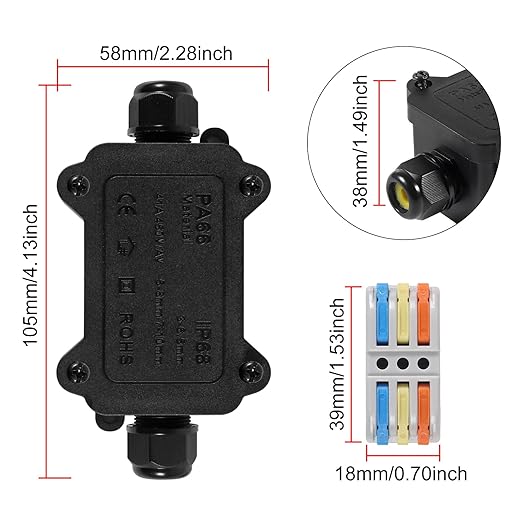 2PCS Junction Box Waterproof IP68, 2 Way Outdoor Junction Box for 3-10mm Diameter Cable, 41A/450V Underground Plug Line Coaxial Cable Connector with 4pcs Replaceable Lever Wire Connectors
