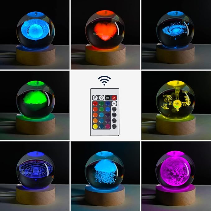 3D Saturn Crystal Ball Night Light for Gifts with Colorful LED Light Base, Color Changing Light with Remote as a Birthday Gift for Teens Boys and Girls, Planet Model