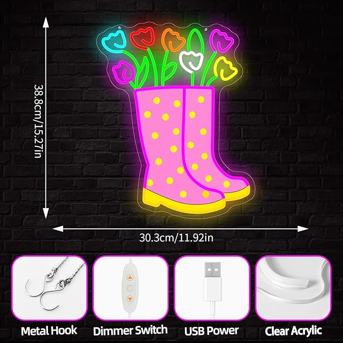 Spring Tulips Rain Boots Neon Sign Dimmable Flower Neon Lights Polka Dot Boot Tulip Light Up Sign Easter Led Wall Art Spring Decorations for Office Home Garden