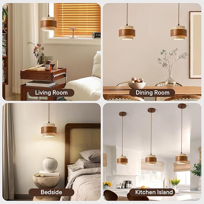 Natural Stone Pendant Light Set of 2, Wabi Sabi Travertine & Wood Hanging Lamp for Kitchen Island, Hallway, Bedroom, Dining Room Ceiling Decor (E26 Bulb, 6.7 in Stone Ring)