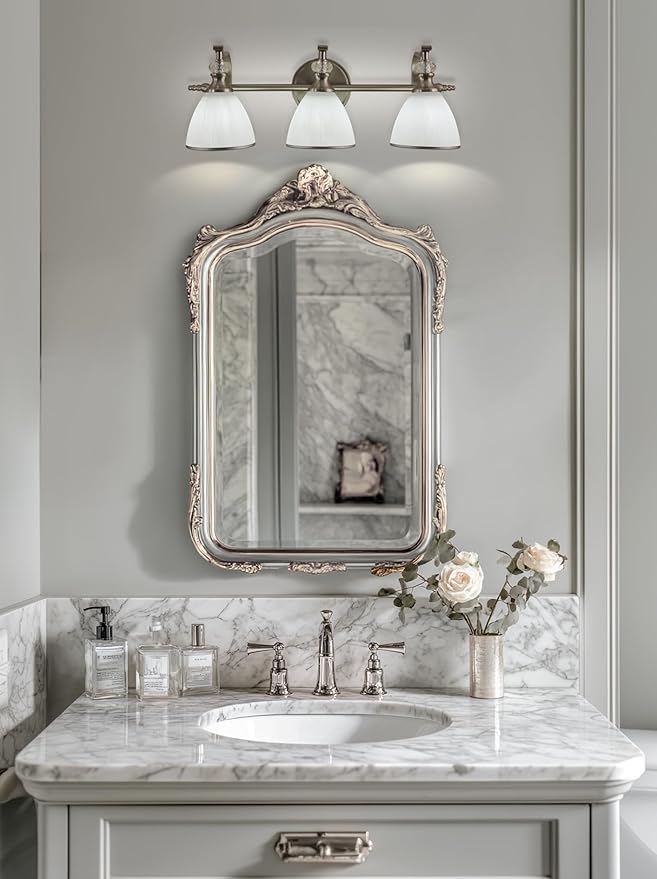 ANDY STAR Bathroom Light Fixture, 3-Light Bathroom Vanity Light Brushed Nickel, Vintage Wall Sconce with Hand-Painted Frosted Lampshade, Wall Lamp in Silver Finish for Bedroom, Living Room, Restroom