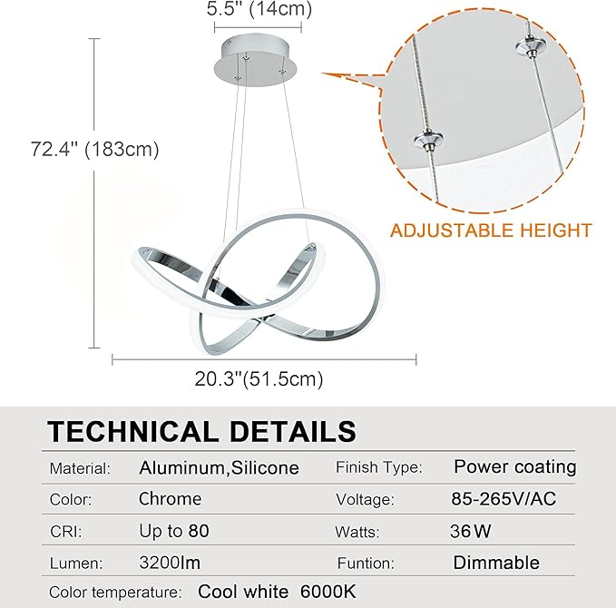 MAYNA LED Pendant Light with Irregular Ring Lights,Modern LED Chandelier, Dimmable Contemporary Ceiling Light Fixture for Dining Room Bedroom Kitchen Island Cafe, 6000K White