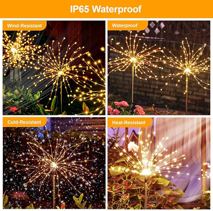 Solar Firework Lights for Outside, 150 LED 8 Modes Fireworks Solar Fairy Lights Outdoor Flowers for Garden Yard Patio Pathway Wedding Christmas Diwali Easter Party Decor Warm White(8 Pack)