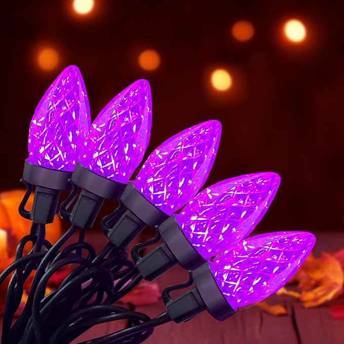 C7 Halloween Purple String Lights Plug in, 26Ft Outdoor Halloween Decorations Lights with 50 LED C7 Strawberry Purple Bulbs Waterproof UL Listed for Roofline Backary Porch Window Holiday Party Decor