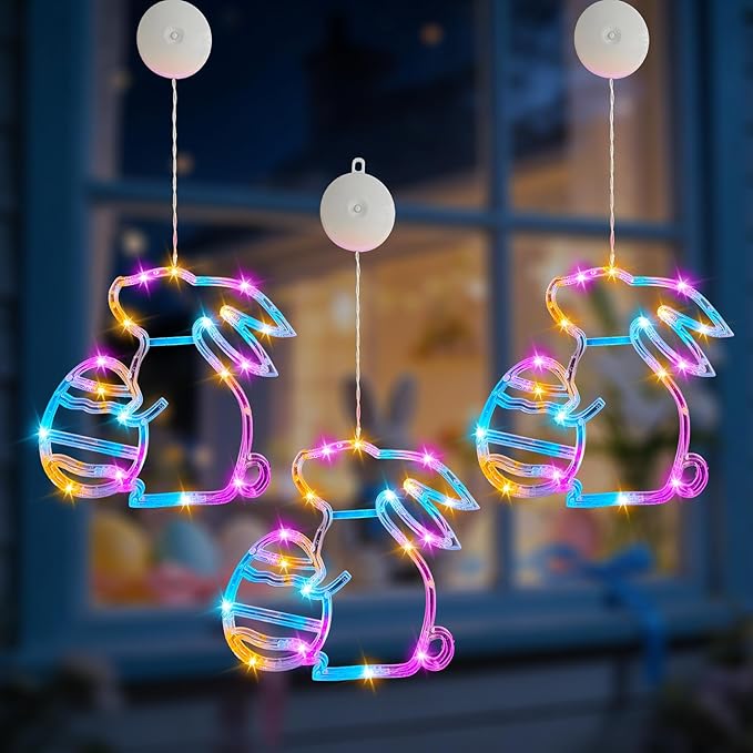 Easter Window Lights Decorations, 3 Pack Easter Hanging Window Decor Colorful Bunny Shaped Lights with Suction Cup, Indoor Battery Operated Bunny LED Holiday Lamp for Home Door Window (Multicolor)