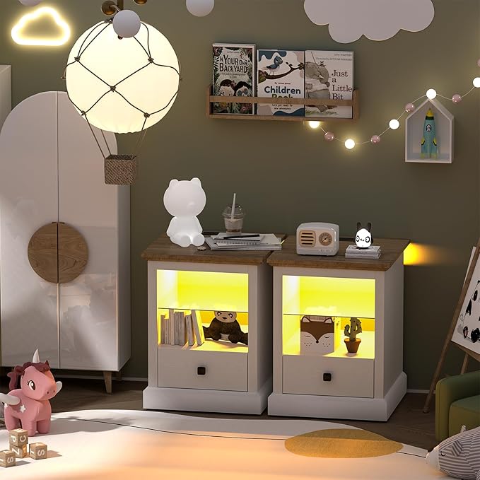 Rresyet White End Table Set of 2, Living Room Side Tables with LED Lights & Charging Station & Adjustable Shelf, Storage End Tables with Drawer, Bedroom Nightstands