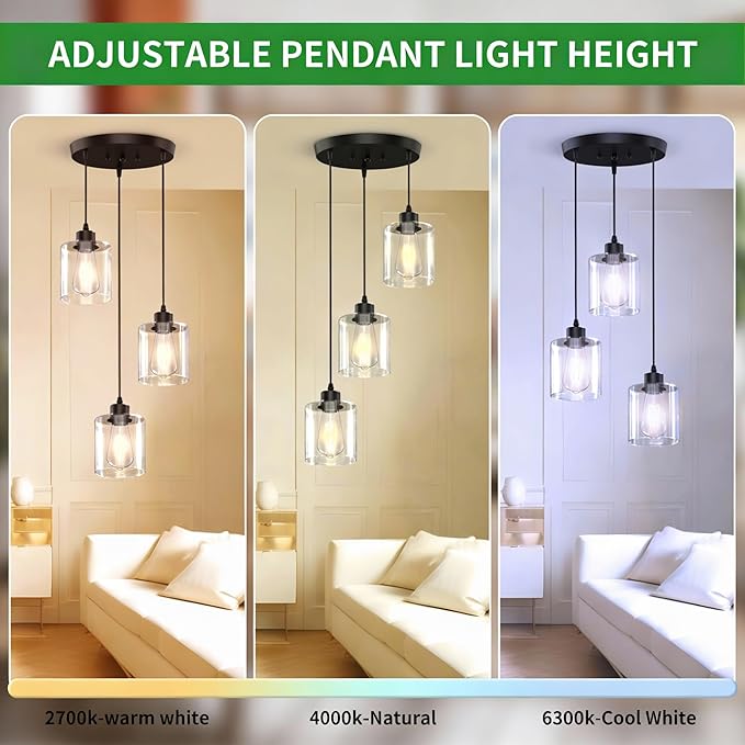 3 Light Pendant Lighting, Farmhouse Hanging Light Fixture for Kitchen Island & Dining Room, Industrial Vintage Ceiling Lamp with E26 Base, Adjustable Height, with Clear Glass 4.7" Shades