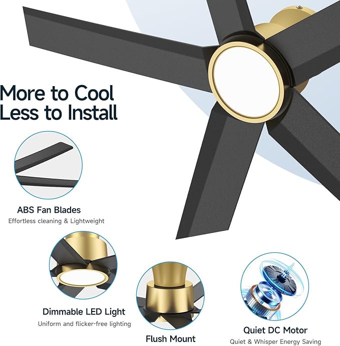 ocioc 52 inch Ceiling Fans with Lights, Large Air Volume Ceiling Fans with Reversible Quiet DC Motor and Remote（Black-Gold）