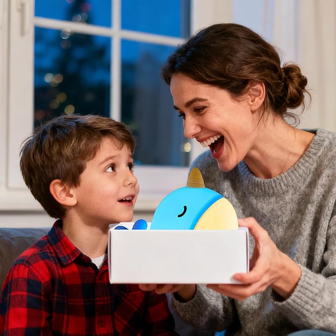 Cute Narwhal Night Light, Tap Control with 3 Warm White Brightness, USB Kids Bed Lamp with 30-Minute Timer, Soft Silicone Glow for Nursery, Birthday Gift (Blue Narwhal)