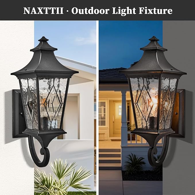 Outdoor Light Fixture Modern Outdoor Wall Sconce Light Waterproof Black Porch Lights Wall Mount with Water Ripple Handmade Glass for Gardens Porch Yards