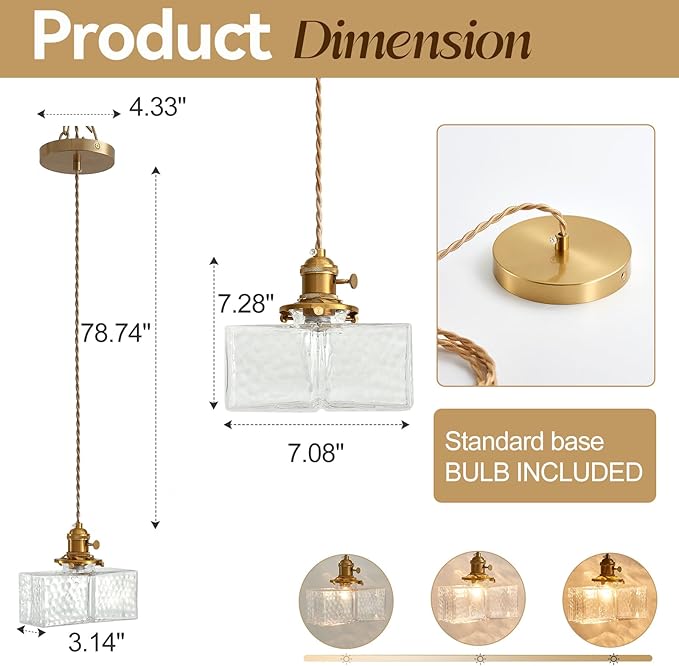 Pendant Lights, Industrial Hanging Lamp with 7.09 Inch Glass Shade for Kitchen Island, Hanging Pendant Light, Dining Room Hanging Lamp Light Bulb Included