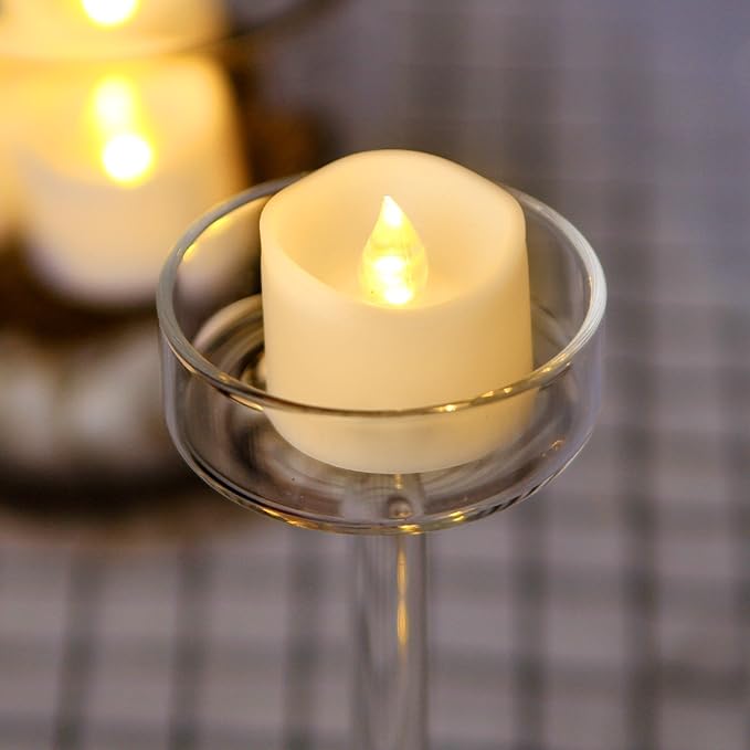 IMAGE Battery Tea Lights with Timer,Flickering Candles 12PCS 6hrs on and 18hrs Off in 24 Hours Cycle Automatically Timing LED Candles Lights with 100 PCS Decorative Fake Rose Petals-Warm White
