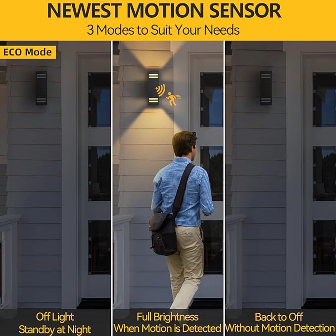 SHIMR Motion Sensor Outdoor Wall Light, Dusk to Dawn Outdoor Lighting with LED Bulbs Included, Waterproof Anti-Rust Aluminum 3 Lighting Modes Exterior Light Fixture for House Porch Garage, ETL Listed
