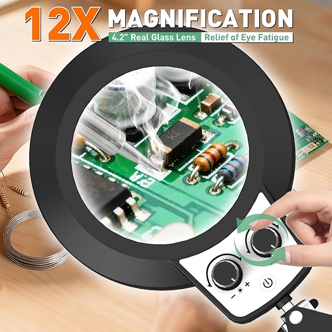 12X Magnifying Glass with Light, Ultra Long 3 Section Swing Arm LED Desk Lamp with Large Clamp, 3 Color and Brightness Hands Free Magnifier Light and Stand for Workbench Crafts Reading Sewing