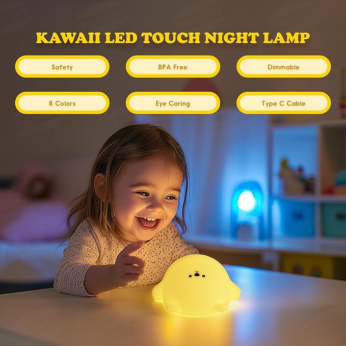 Bear Night Light for Kids, 8 Color Silicone Cute Duck Lamp, Lying Flat Duck, 3 Level Dimmable Kids Rechargeable Bedside Touch Baby Light