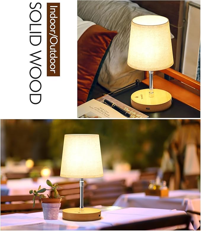 Cordless Rechargeable Lamp - 4000mAh Battery Operated Table Lamp & Power Bank, Touch Dimmable Adjustable Desk Lamp LED Night Light Portable for Patio Camping Restaurant Home, Solid Wood