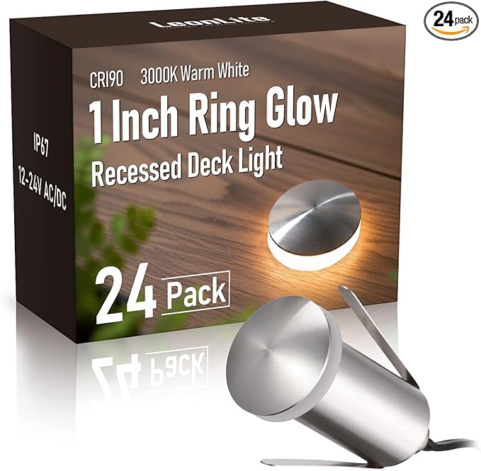 LEONLITE 24-Pack Low Voltage Recessed LED Deck Light, IP67 Waterproof, 12-24V AC/DC, 360° Ring Glow In-Ground Light, 1W 3000K 1.3-Inch Mini Flush Mount, Stainless Steel for Deck Patio Garden Edge