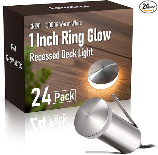 LEONLITE 24-Pack Low Voltage Recessed LED Deck Light, IP67 Waterproof, 12-24V AC/DC, 360° Ring Glow In-Ground Light, 1W 3000K 1.3-Inch Mini Flush Mount, Stainless Steel for Deck Patio Garden Edge
